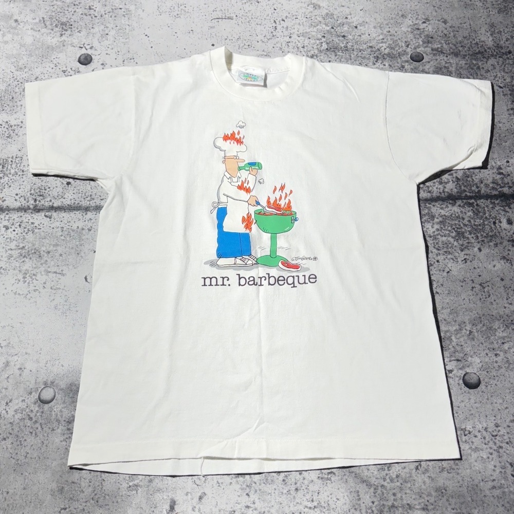 Vtg 80s/90s 1988 Jim Benton Lets‎ Barbeque Short T-Shirt White Fruit of the Loom